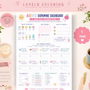 May include: A printable ADHD Dopamine Dashboard planner page featuring sections for daily intentions, energy levels, and a dopamine scorecard. The document includes colorful icons, checkboxes, and text prompts to track daily habits and mental well-being.