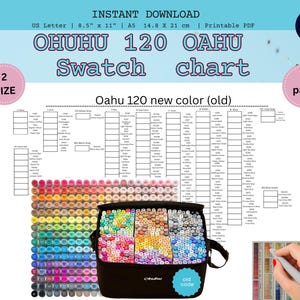 以下が含まれることがあります： Ohuhu 120 Oahuマーカー用の印刷可能なPDFカラーチャート。チャートにはカラーガイドと、マーカーで満たされた黒いキャリングケースが含まれています。チャートのテキストは「OHUHU 120 OAHU Swatch chart」と表示されています。