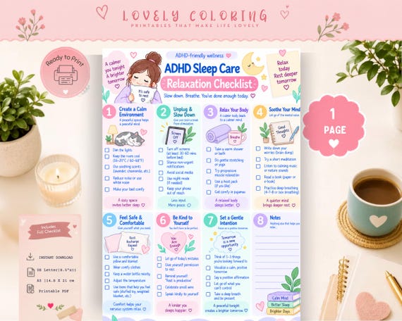 ADHD Sleep Care Printable Bundle, Bedtime Routine Checklist, Sleep Planner & Tracker, Wind Down Routine, ADHD Self Care Worksheets PDF