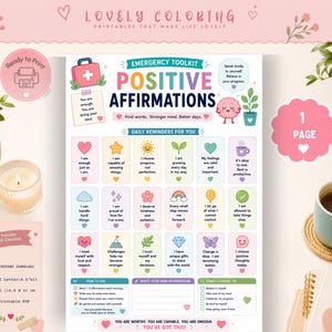 May include: A printable emergency toolkit positive affirmations sheet featuring a grid of colorful boxes with text, including phrases like I am enough, I am capable of amazing things, and I choose progress, not perfection, with icons.