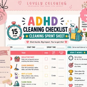 ADHD Cleaning Checklist Bundle, ADHD Cleaning Planner Printable, Declutter Challenge, Cleaning Sprint Sheet, Executive Function Cleaning