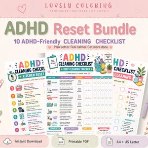 Może przedstawiać: Cyfrowy zestaw ADHD Reset Bundle zawierający listy kontrolne sprzątania do druku. Dokumenty obejmują przewodnik Kitchen Reset, Deep Cleaning Tracker oraz listę kontrolną z kolorowymi ikonami, tekstem i polami wyboru do organizacji zadań.