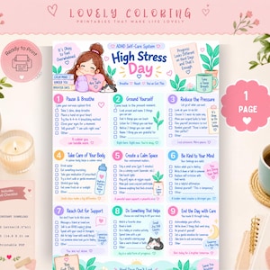 May include: A printable ADHD self-care system checklist titled High Stress Day, featuring nine numbered sections with checkboxes, pastel illustrations of a person, a cat, plants, and a mug, with text including US Letter 8.5 inches by 11 inches.