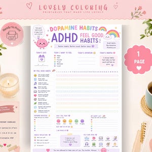 May include: A printable ADHD dopamine habits tracker sheet featuring a pastel colour palette with illustrations of a brain, rainbow, and clouds. The document includes sections for daily intentions, habit tracking, mood check-ins, and self-care ideas.