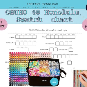以下が含まれることがあります： 「OHUHU 48 Honolulu Swatch chart」のテキストが入った印刷可能なPDF。チャートには、カラースウォッチ、マーカーで満たされた黒いキャリングケース、およびテキスト「new code」が含まれています。ドキュメントは14.8 x 21 cmです。