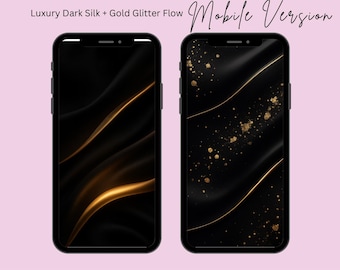 May include: Two black smartphones displaying dark silk and gold glitter flow wallpapers. The text on the image reads "Wallpaper iphone Mobile Version" and "Luxury Dark Silk + Gold Glitter Flow". The bottom of the image reads "GENTLE AESTHETIC WALLPAPERS FOR CALM MINDS".