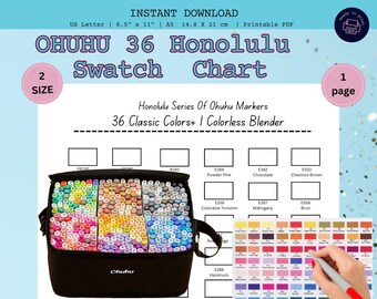 Ohuhu 36 Honolulu Swatch Chart, Marker Color Chart Printable , Alcohol Marker Tracker, 1 Page. A5& US Letter,Instant Download PDF