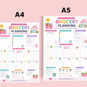May include: Two ADHD Home Management grocery planning sheets labelled A4 and A5. The sheets feature colourful illustrations of a sun, house, and shopping basket, with sections for meal planning, budget, and a master grocery list with categories.