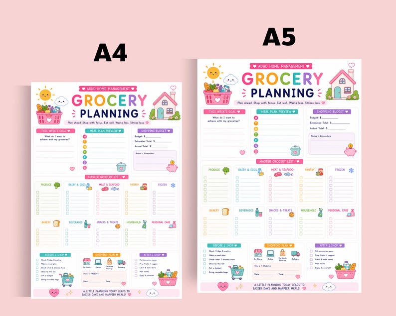 May include: Two ADHD Home Management grocery planning sheets labelled A4 and A5. The sheets feature colourful illustrations of a sun, house, and shopping basket, with sections for meal planning, budget, and a master grocery list with categories.
