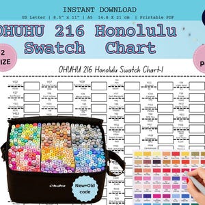 Op de afbeelding: Een afdrukbare PDF met de "OHUHU 216 Honolulu Swatch Chart". De afbeelding bevat een zwarte draagtas vol kleurrijke stiften, een kleurentabel en de tekst "New+Old code".