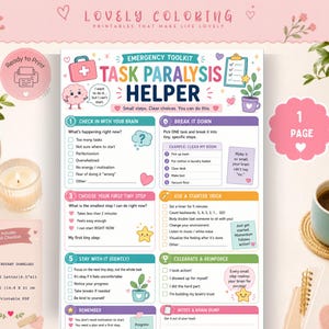 Puede incluir: Una hoja imprimible de kit de herramientas de emergencia para ayudar con la parálisis de tareas, con seis secciones coloridas, listas de verificación, texto e ilustraciones de un cerebro, portapapeles y estrellas. El documento incluye instrucciones para desglosar tareas, elegir pasos pequeños y celebrar el progreso.