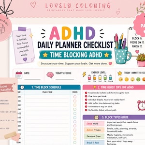 Può includere: Una pagina stampabile di lista di controllo per la pianificazione quotidiana ADHD con un programma a blocchi temporali, un tracker del livello di energia e suggerimenti per la gestione del tempo, con icone colorate e intestazioni di testo.