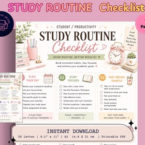 Puede incluir: Una lista de verificación de rutina de estudio imprimible en rosa y blanco con el título "Study Routine Checklist". La lista de verificación incluye secciones para planificar, estudiar y tomar descansos. El documento está disponible para descarga instantánea en tamaños US Letter y A5 (14,8 x 21 cm).