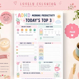 May include: A printable ADHD morning productivity planner page featuring sections for feelings, energy levels, top three priorities, daily scheduling, and focus reminders. The document includes pastel-coloured graphics, icons, and text prompts to organise daily tasks and goals on a standard 21 by 29.7 cm sheet.