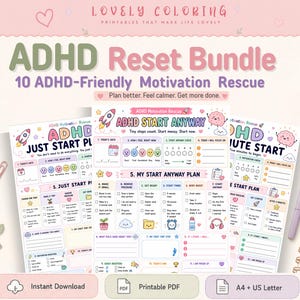 May include: An ADHD Reset Bundle printable PDF set featuring 10 motivation rescue pages. The documents include colourful sections for daily planning, task tracking, and emotional check-ins with illustrations of rockets, brains, and clouds.