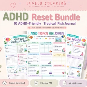 Peut inclure: Un ensemble numérique ADHD Reset Bundle comprenant un journal de poissons tropicaux de 10 pages. Les pages imprimables incluent des listes de contrôle pour l'acclimatation, les paramètres de l'eau, l'entretien et le suivi, avec des motifs de poissons.