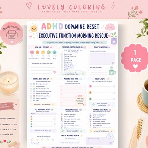 May include: A printable ADHD Dopamine Reset Executive Function Morning Rescue checklist on a white sheet. The document features pastel-coloured sections for daily intentions, brain dumps, task breakdowns, and environment resets with icons and text.