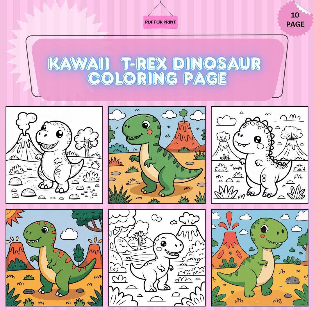Kawaii T-rex Dinosaur Coloring Pages | Cute Dino Coloring Book for Kids ...