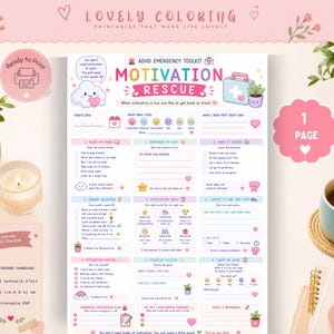 May include: A printable ADHD emergency toolkit worksheet titled Motivation Rescue, featuring a colorful layout with sections for tracking feelings, energy boosters, and small steps, including checkboxes and prompts on a white background.