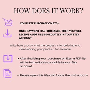 May include: A light pink informational graphic with the heading HOW DOES IT WORK? featuring purple icons of a shopping cart, a download arrow, and documents. It explains the process of purchasing a PDF file on Etsy with clear text instructions.