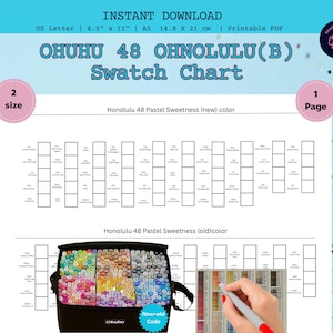 Pode incluir: Um gráfico de amostras em PDF imprimível para marcadores Ohuhu 48 Ohnolulu(B). O gráfico inclui amostras de cores para Honolulu 48 Pastel Sweetness em conjuntos de cores novos e antigos. O gráfico tem o tamanho A5, 14,8 x 21 cm.