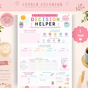 May include: A printable ADHD Overwhelm Collection Decision Helper worksheet featuring pastel-colored graphics, including a sun, cloud, brain, and coffee cup. The document includes sections for decision-making, emotional check-ins, and action steps.