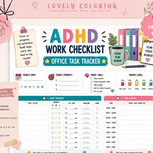 Peut inclure: Une fiche de suivi de tâches ADHD imprimable comprenant des sections pour les priorités quotidiennes, les niveaux d'énergie, le suivi des tâches et les blocs horaires. La page contient des icônes colorées, des étiquettes et une note Focus on progress, not perfection.
