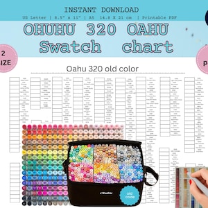 Pode incluir: Um gráfico de amostras em PDF imprimível para marcadores Ohuhu 320 Oahu. O gráfico inclui amostras de cores e uma bolsa de transporte preta cheia de marcadores. O texto no gráfico diz "OHUHU 320 OAHU Swatch chart". O gráfico mede 14,8 x 21 cm.