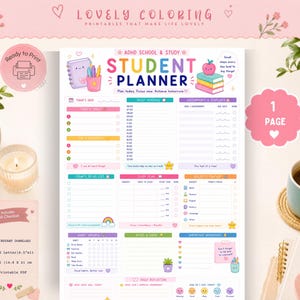 Puede incluir: Una página imprimible de planificador estudiantil digital con secciones para objetivos diarios, horarios, planes de estudio y rastreadores de hábitos. El diseño incluye encabezados coloridos, iconos de libros, un portalápices y un arcoíris, con el texto ADHD School & Study Student Planner.