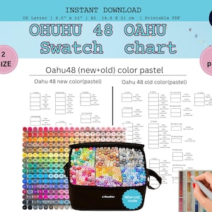 Peut inclure: Un PDF imprimable avec un nuancier de couleurs pour les marqueurs Ohuhu 48 Oahu. Le tableau comprend les nouveaux et anciens codes de couleurs pastel, avec un étui de transport noir rempli de marqueurs. Le texte indique "Téléchargement instantané" et "A5 14,8 x 21 cm".
