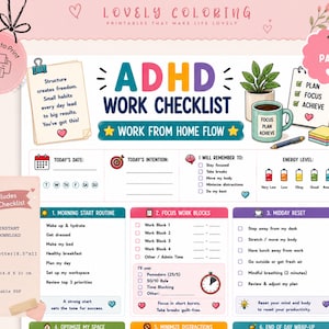 Peut inclure: Une liste de contrôle de travail ADHD imprimable avec une mise en page colorée comprenant des sections pour les intentions quotidiennes, les niveaux d'énergie et les routines. Le document inclut des titres comme ADHD WORK CHECKLIST et WORK FROM HOME FLOW.