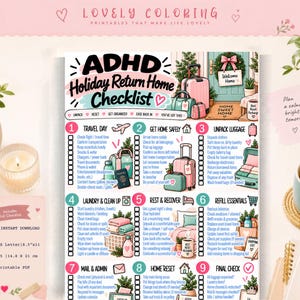 May include: A printable ADHD Holiday Return Home Checklist featuring nine numbered sections with tasks for travel, unpacking, laundry, and home reset. The document includes illustrations of luggage, a house, and a bed, with text in English.