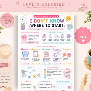 May include: A printable ADHD overwhelm collection worksheet titled I Don't Know Where To Start. The document features pastel-colored illustrations, instructional text for task management, and sections for affirmations, measuring 8.5 inches by 11 inches.