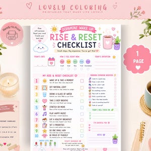 May include: A printable Dopamine Wake Up Rise & Reset Checklist featuring a ten-step morning routine, mood tracker, and gratitude section. The document includes colourful icons, pastel graphics, and text prompts on a white background in A5 size.