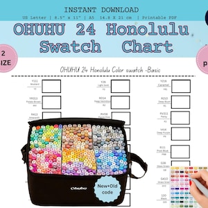 May include: A black Ohuhu marker case with a variety of colorful markers, next to a color swatch chart. The chart includes the text "OHUHU 24 Honolulu Swatch Chart" and color names like "Mustard" and "Caramel".