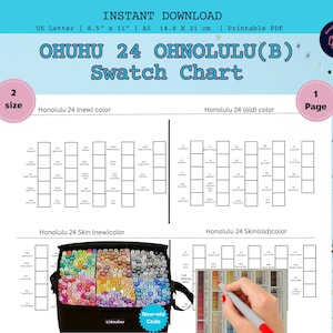 May include: A printable PDF swatch chart for Ohuhu 24 Honolulu(B) markers. The chart includes color swatches for new and old color versions, plus skin tones. The chart is sized for US Letter and A5 paper.
