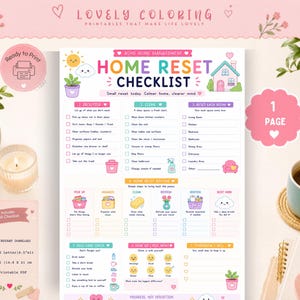 May include: A printable ADHD Home Management Home Reset Checklist featuring sections for decluttering, cleaning, and room resets. The document includes colorful icons, checkboxes, and text prompts for daily tasks, self-care, and mood tracking on 8.5 inch by 11 inch paper.