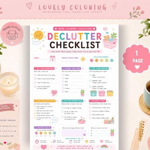 Può includere: Una lista di controllo per il decluttering ADHD stampabile con sfondo bianco, intestazioni color pastello e icone. Il testo include sezioni per definire le intenzioni, scegliere le aree, metodi di smistamento e consigli, formato A5 14,8 x 21 cm.