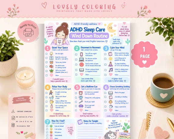 ADHD Sleep Care Printable Bundle, Bedtime Routine Checklist, Sleep Planner & Tracker, Wind Down Routine, ADHD Self Care Worksheets PDF