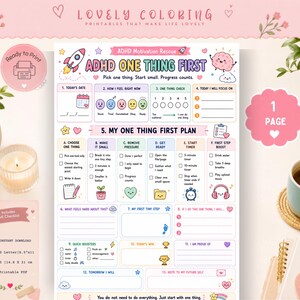 以下が含まれることがあります： ADHD ONE THING FIRSTというタイトルの印刷可能なADHDモチベーションワークシート。パステルカラーで、ロケット、脳、ハートの漫画イラストが描かれており、日々の計画、タスクの細分化、目標追跡のためのセクションが含まれています。