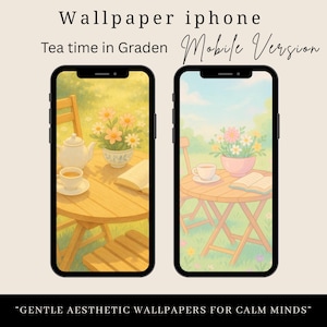 Può includere: Due schermi di iPhone che mostrano una serena scena dell'ora del tè. Uno mostra un tavolo con teiera, tazza e fiori; l'altro, una scena simile con una ciotola rosa. Il testo recita "Wallpaper iphone Tea time in Graden Mobile Version".