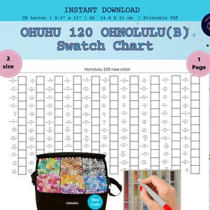May include: A printable PDF swatch chart for Ohuhu 120 Honolulu(B) markers. The chart includes 120 colour swatches, a black carrying case filled with markers, and a hand holding a marker. The chart is sized at 21.6 cm x 27.9 cm.