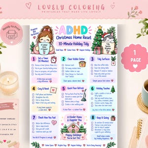 May include: A printable ADHD Christmas home reset checklist featuring eight numbered steps for a 10-minute holiday tidy. The document includes illustrations of a person, a cat, a Christmas tree, and presents, with text detailing cleaning tasks.