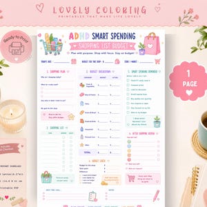Puede incluir: Una página imprimible de planificador de presupuesto y lista de compras ADHD Smart Spending con secciones para plan de compras, desglose de presupuesto, recordatorios de gastos y revisión, decorada con iconos coloridos como un carrito y bolsa.