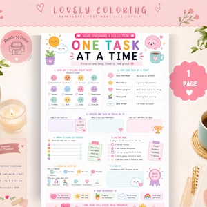 May include: A printable ADHD overwhelm collection worksheet titled One Task At A Time. The document features pastel colours, cute illustrations of a sun, brain, and plants, and sections for tracking feelings, task focus, and progress with checkboxes.