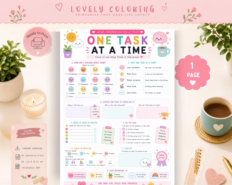 Pu&ograve; includere: Un foglio di lavoro stampabile della collezione ADHD Overwhelm intitolato One Task At A Time. Il documento presenta colori pastello, illustrazioni carine di un sole, un cervello e piante, e sezioni per monitorare sentimenti, focus e progressi.