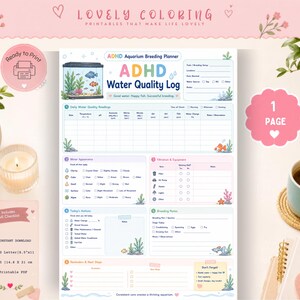 May include: A printable ADHD Aquarium Breeding Planner page featuring sections for water quality readings, tank appearance, filtration equipment, daily actions, and breeding notes, decorated with colourful fish and aquatic plant illustrations.