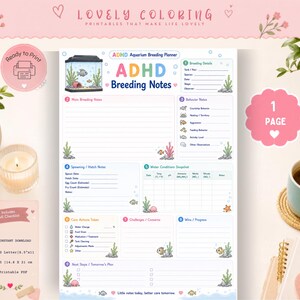 Może przedstawiać: Dokument do druku ADHD Aquarium Breeding Planner z sekcjami na szczegóły hodowli, notatki o zachowaniu, notatki o tarle, warunki wodne, działania pielęgnacyjne, wyzwania i postępy, ozdobiony kolorową grafiką ryb i roślin wodnych.