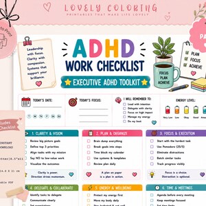 Pode incluir: Uma página de lista de verificação de trabalho TDAH imprimível intitulada Executive ADHD Toolkit. O documento inclui seções para data, foco, memória, níveis de energia e seis categorias: clareza, plano, execução, delegar, energia e gestão do tempo.
