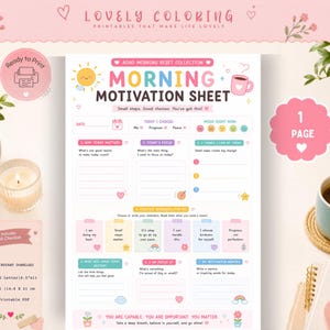 May include: A printable morning motivation sheet featuring a pastel color palette with sections for daily focus, mood tracking, and positive reminders. The document includes text such as ADHD Morning Reset Collection and Morning Motivation Sheet.
